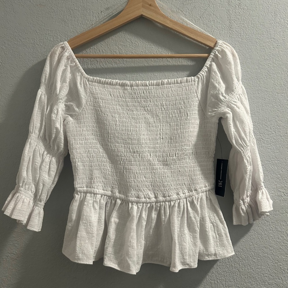 INC Smocked Peplum Top Square Neck 3/4 Sleeve Blouse Bright White Medium NWT
